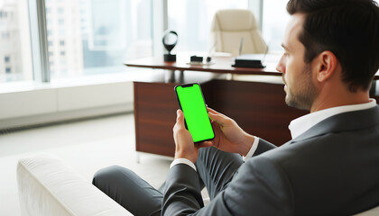 Hand holding smartphone with chroma key copy space for responsive web design and ui ux portfolio showcase featuring business man using cellular gadget on couch in luxury apartment room