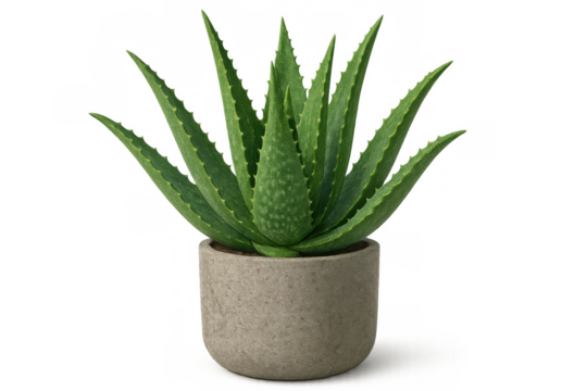 Aloe vera houseplant with green succulent leaves in a concrete pot, transparent background, natural health and beauty concept - Powered by Adobe