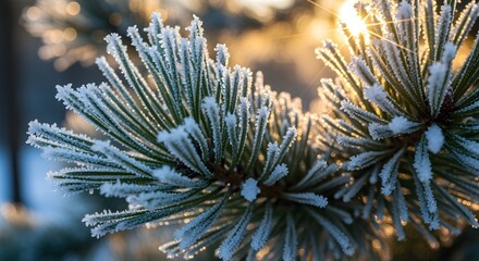 Delicate frost crystals adorn evergreen pine needles, sparkling in the warm winter sunlight.