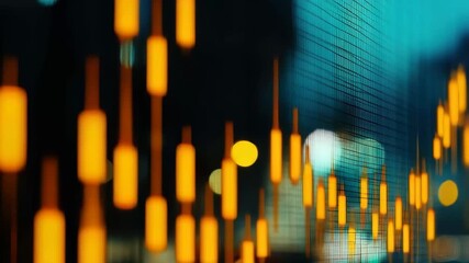 In a lively urban setting, vibrant financial data visualizations illuminate a digital screen during twilight. The colorful charts reflect market fluctuations and activity. - Powered by Adobe