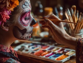 person having face painted with intricate day of the dead designs featuring vibrant colors and floral motifs in an artistic setting with warm lighting concept of cultural celebration and artistry
