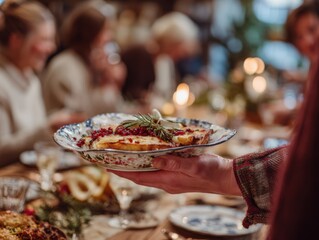 hand holding decorative plate with food garnished with rosemary and red berries in cozy dining setting with blurred background and candles concept of festive dining hospitality celebration