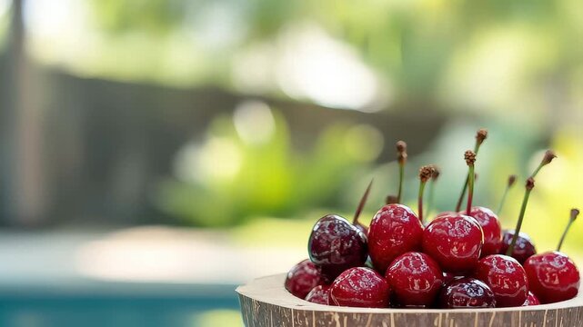 A bowl made of coconut holds vibrant cherries and rests on a wooden table near a sparkling pool in a lush tropical garden during daylight.