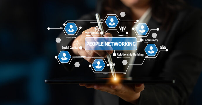 A professional illustration depicting digital networking concepts, emphasizing interaction, community building, and relationship development within a business context. Tessel - Powered by Adobe