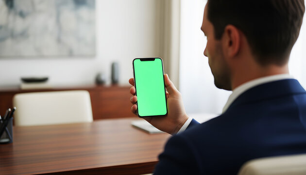 Hand holding smartphone with green screen chroma key for corporate business app presentation and mobile interface mockup featuring executive man in suit sitting at wooden office desk