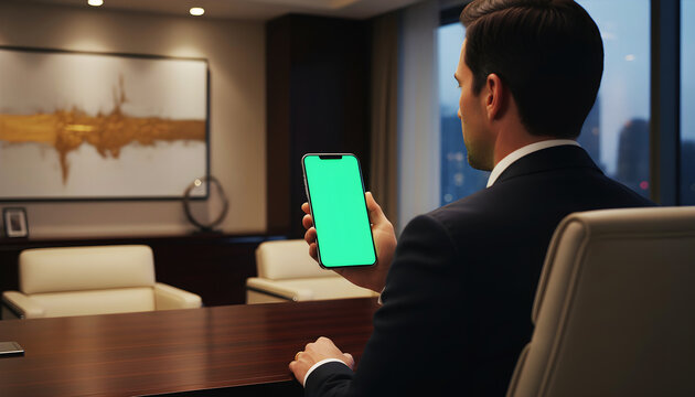 Hand holding smartphone with blank green screen chroma key for corporate business app mockup featuring executive man in suit sitting at desk in luxury office with city evening view