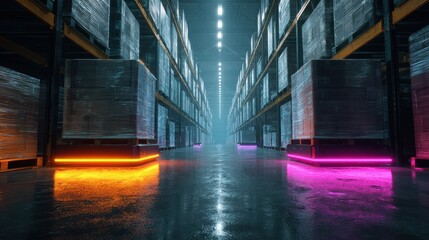 Fototapeta premium A warehouse interior with rows of shelves and pallets illuminated with neon lights creating a futuristic atmosphere