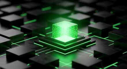 Dynamic green cube network glowing with energy, modern tech connection concept