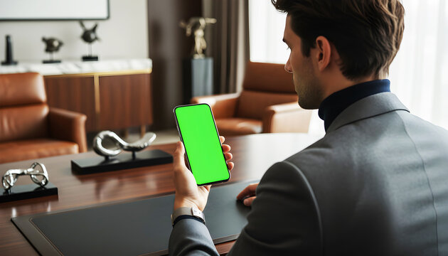 Hand holding smartphone with green screen chroma key for wealth management app and luxury business service mockup featuring executive man in suit sitting at desk in premium office interior - Powered by Adobe