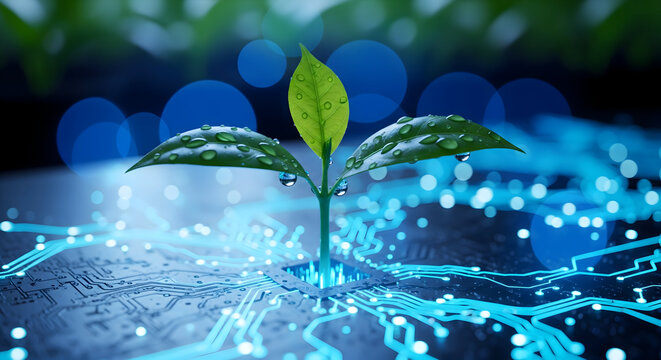 Green tech sprout growing from digital circuit board represents innovation future - Powered by Adobe