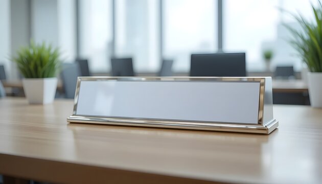 Modern office meeting room with blank nameplate for professional introductions and corporate branding, ideal for business conferences and team collaboration