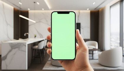 Hand holding mobile smartphone with blank green screen chroma key for mockup in modern luxury kitchen interior with marble island and lounge background for real estate app display