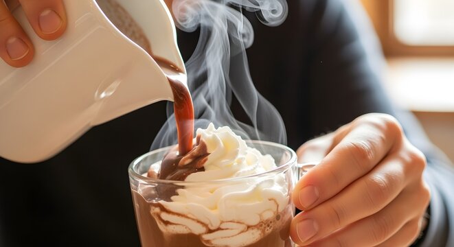 Warm comfort as rich hot chocolate is poured over fluffy whipped cream in a cozy setting.