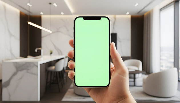 Hand holding mobile smartphone with blank green screen chroma key for mockup in modern luxury kitchen interior with marble island and lounge background for real estate app display