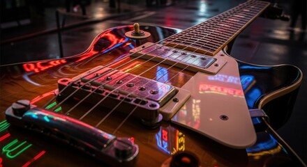 Electric Guitar's Reflective Surface: Neon Lights and Musical Instrument