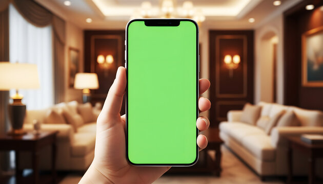 Hand holding smartphone with bright green screen inside a stylish luxury living room. Ideal for mobile mockups, UI previews, digital branding, and product advertising content