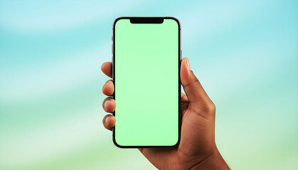 Hand holding with bright green screen on soft blurred background. Ideal for mobile app mockups, digital marketing visuals, UI/UX presentation, and chroma key editing.