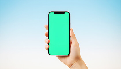 Hand holding smartphone with vibrant green chroma screen against smooth warm gradient background. Premium mobile mockup perfect for UI preview, app interface showcase, digital ads, and product present