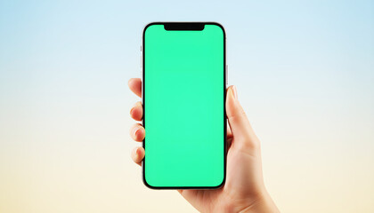 Hand holding smartphone with vibrant green screen on soft gradient background. High-quality mobile mockup ideal for app design, digital advertising, UI presentation, and chroma key editing.