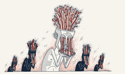 Mobile phone internet addiction, vector illustration of addicted man holding a phone with worms growing from it, brain damaging and degradation.