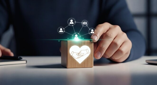 Business trust network concept with hand holding wooden heart block