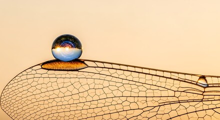 Magical galaxy inside water drop on insect wing,Generated Image