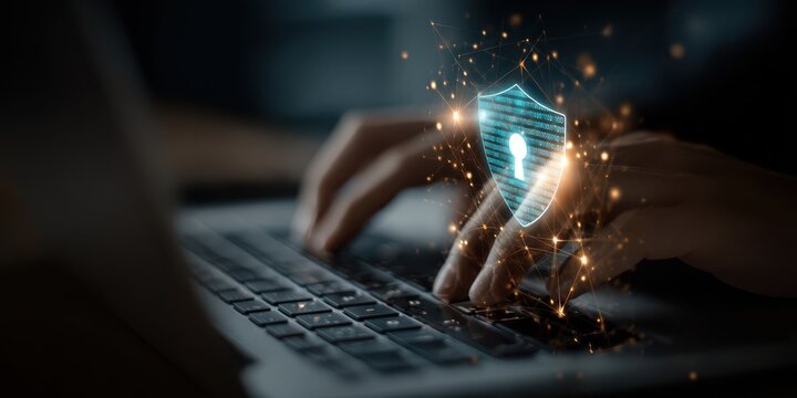 Close up of hands typing on a laptop with a digital shield icon, representing cybersecurity and data protection concept
