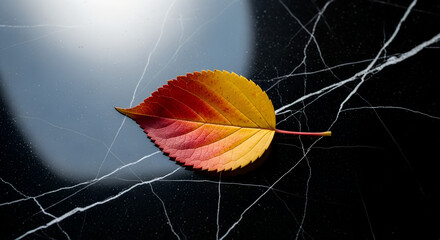 Autumn leaf resting on dark marble surface with abstract patterns - Concept of 10 kasim  