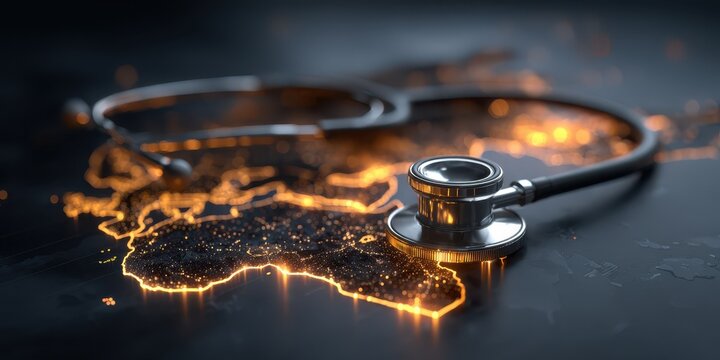 Stethoscope on world map with glowing city lights, symbolizing global healthcare and medical technology advancement