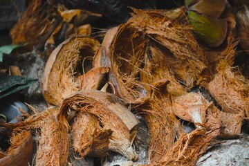 Close-up of a pile of dried coconut husks, showing their fibrous texture and natural brown color.