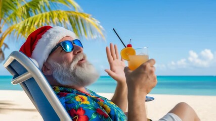 Santa Claus relaxing on a tropical beach chair, wearing sunglasses and a festive red hat, enjoying a colorful cocktail with palm trees and ocean in the background, perfect for holiday vibes.	
