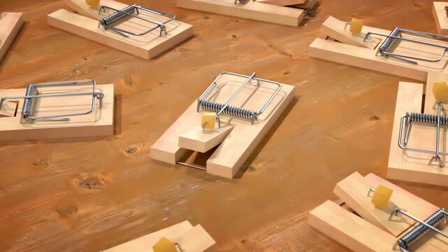 Mousetraps with cheese bait arranged in diagonal top-down array over light wooden surface with visible spacing and mechanical setup