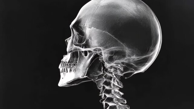 A clear x-ray displays the intricate details of a human skull alongside the cervical spine, highlighting the alignment and structure of the bones in profile view.