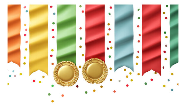 Colorful Ribbons and Gold Medals on Transparent Background for Celebration Themes