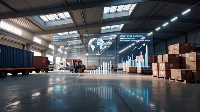 A modern warehouse with digital shipping analytics and inventory management visuals.