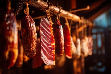 A close-up shot of a cured meats and sausages hanging from a rustic wooden beam, displaying traditional food preservation techniques with rich colors.