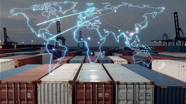 An aerial view of shipping containers with a digital world map overlay.
