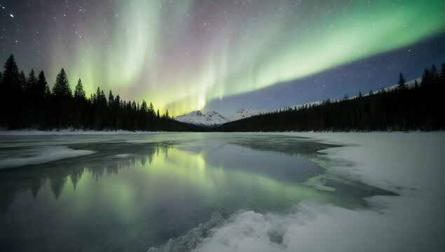 Colorful aurora lights illuminate a snowy landscape reflected in a calm, frozen lake.