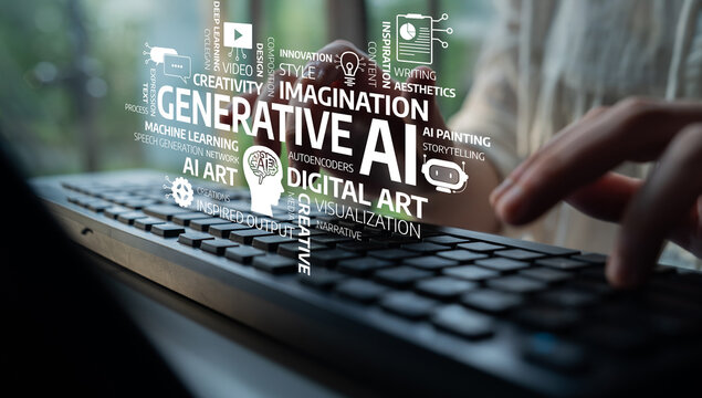 A close-up image of hands typing on a keyboard, surrounded by words like creativity and imagination, illustrating the intersection of technology and digital art. Tessel