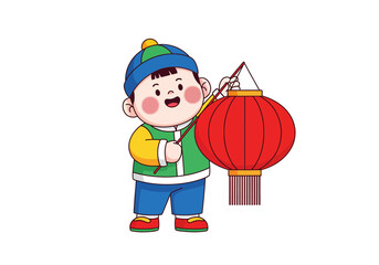Chinese New Year Kid with Lantern, Cartoon Illustration