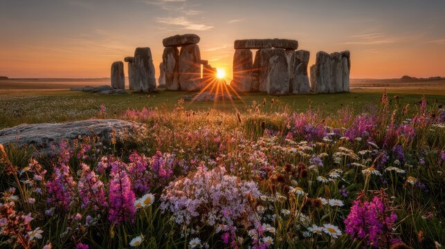 Stonehenge at sunrise with flowers in foreground, ancient monument in england, uk, beautiful landscape - Powered by Adobe