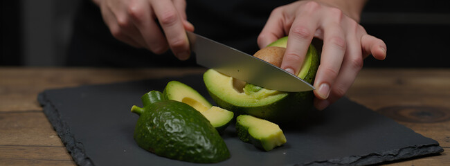Man slicing avocado on slate board in modern kitchen