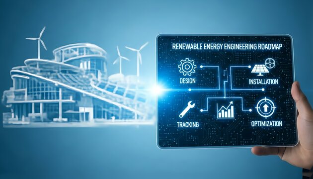Renewable energy engineering roadmap on tablet with wind turbines and solar panels