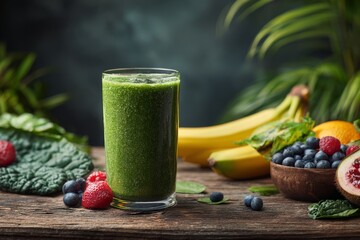 A refreshing green smoothie in a glass, surrounded by fresh fruits and vegetables, creating a vibrant and healthy still life on a rustic wooden table.