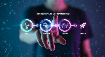 Person touching a productivity app builder roadmap with idea workflow design and launch