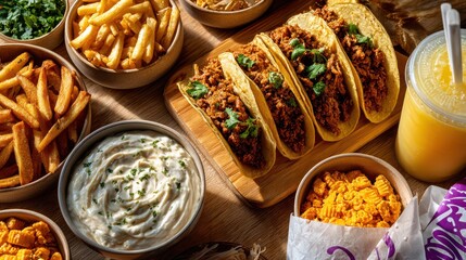 A delicious spread of tacos, fries, and a drink on a wooden table, perfect for a fast food feast with friends