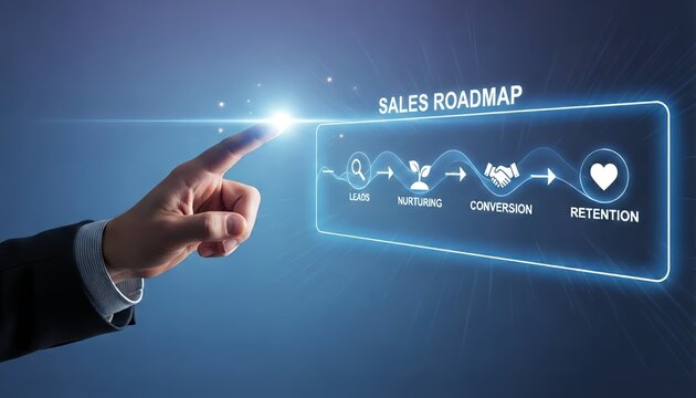 A hand pointing to a sales roadmap display with leads nurturing conversion retention