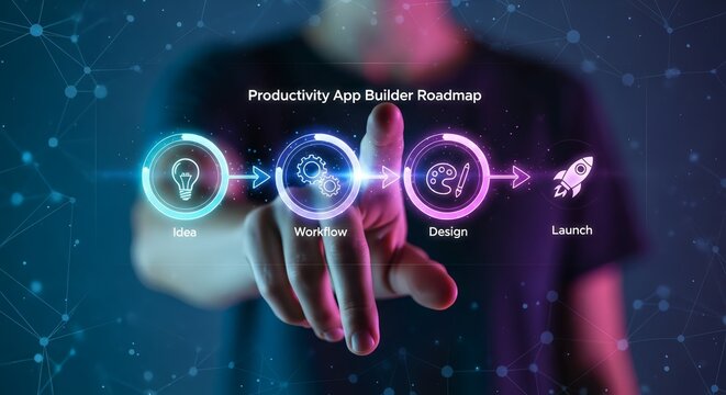 Person touching a productivity app builder roadmap with idea workflow design and launch