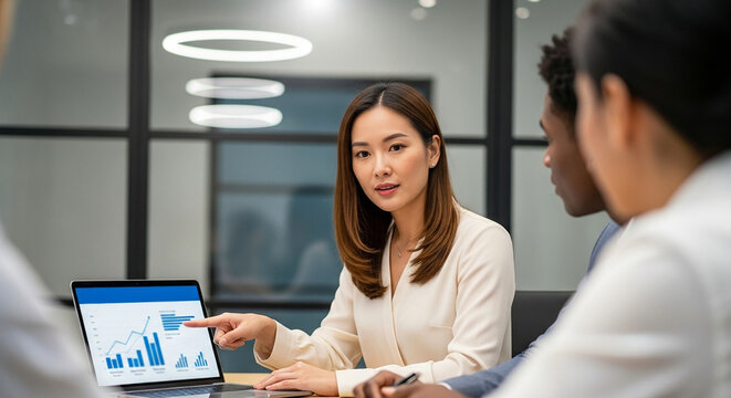 Marketing team setting KPIs with female specialist presenting on laptop, business strategy and data analysis in corporate meeting