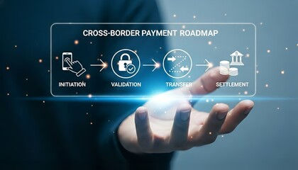 Hand holding cross border payment roadmap with initiation validation transfer settlement